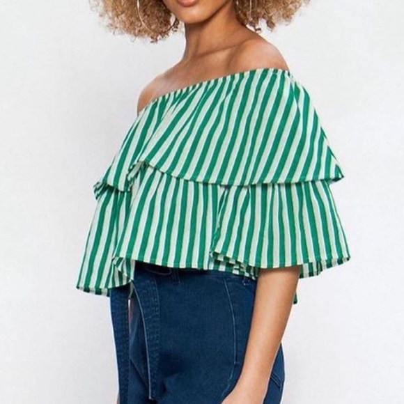 HOST PICK Green & White Off The Shoulder Top - Picture 2 of 4